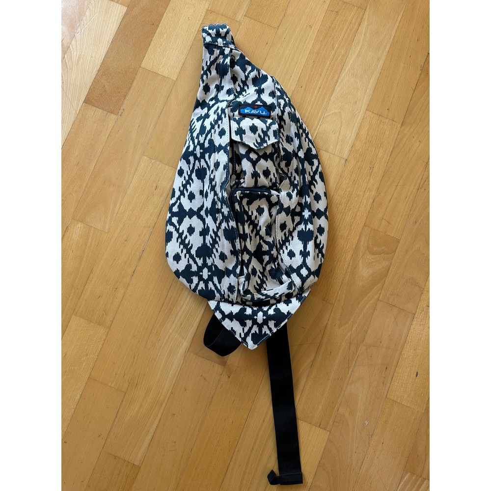 KAVU Rope Bag Blue White Ikat Canvas Sling Crossbody Backpack Outdoorsy Boho